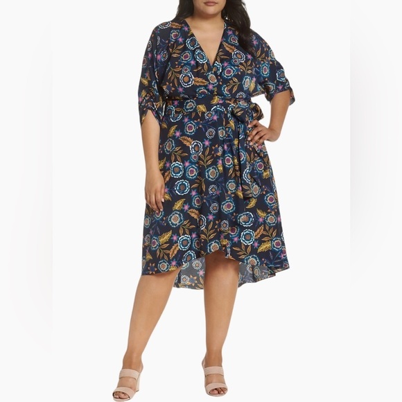 Eliza J Floral Hi-Lo Surplice Knee Length Dress Woman’s 20 Plus Size - Picture 1 of 12